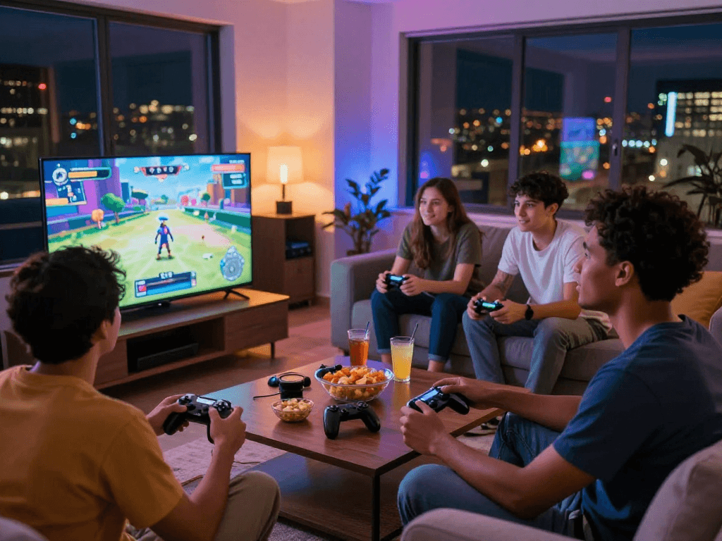 Group enjoying an adult game night with consoles and snacks in cozy living room.