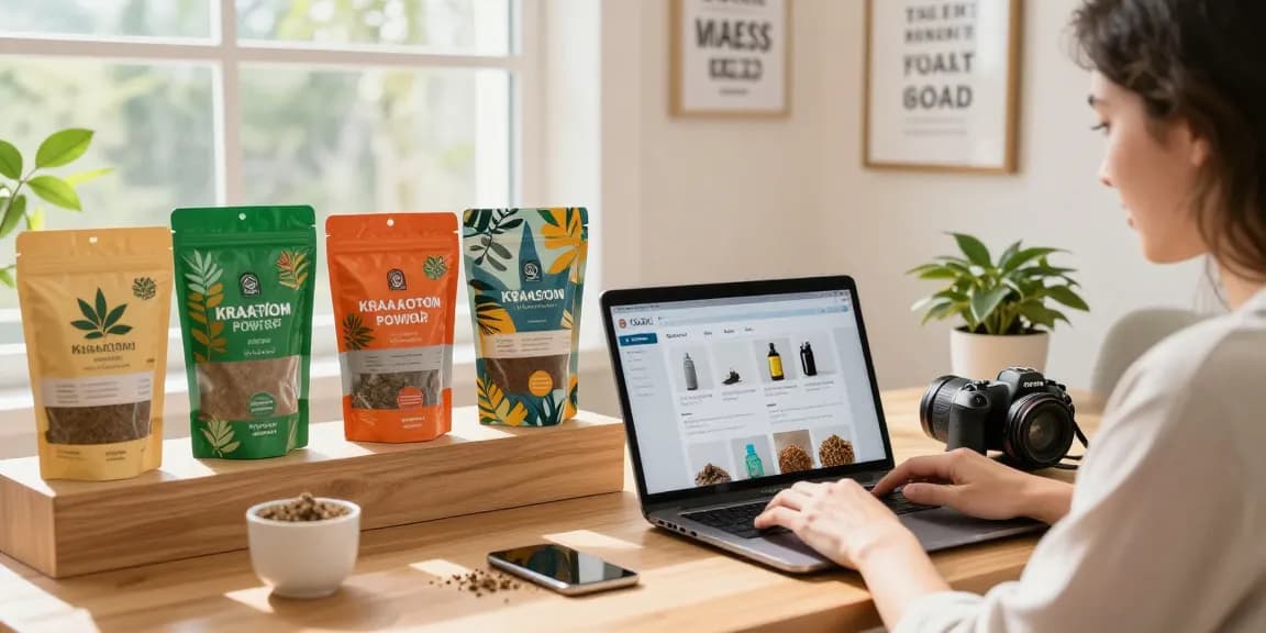 Shop kratom powder at Happy Go Leafy with vibrant packaging and an inviting home office atmosphere.