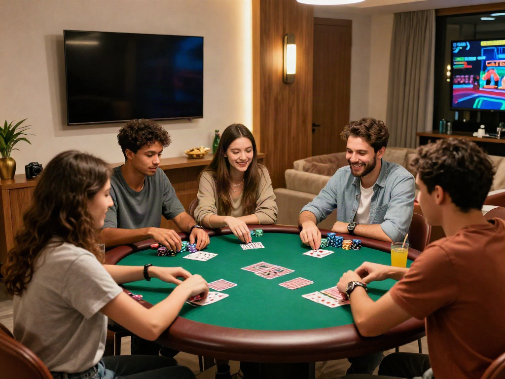 Friends enjoying a lively poker night in stylish home, showcasing uk casinos not on gamstop.