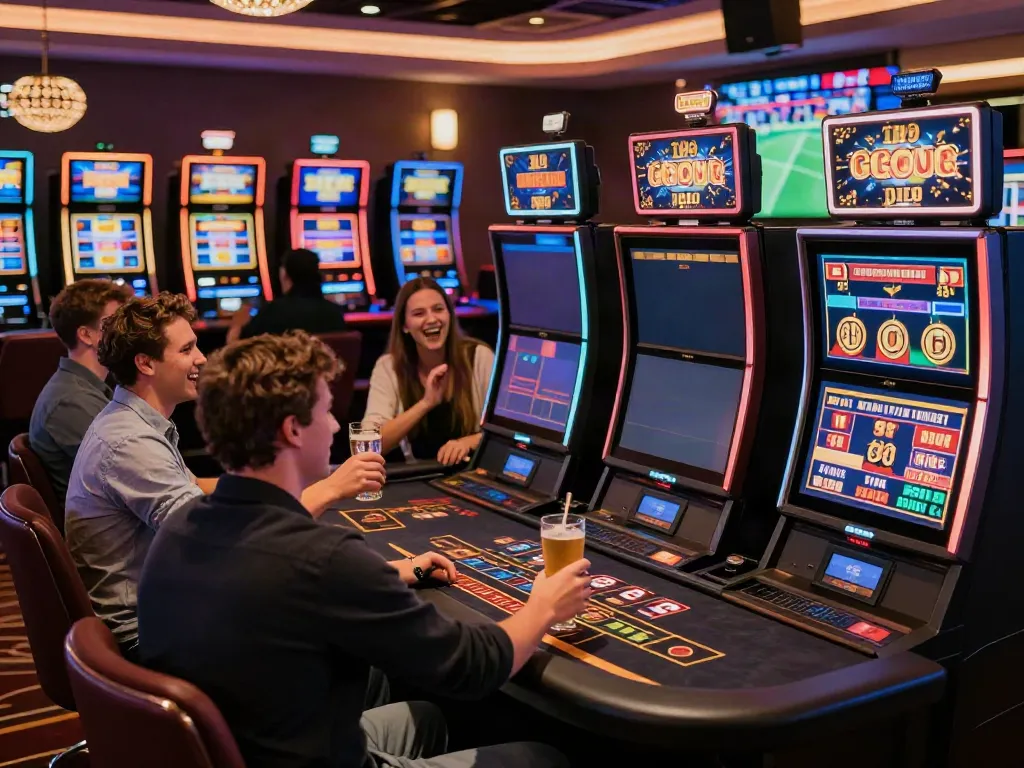 Diverse group celebrating at uk casinos not on gamstop with vibrant gaming stations.