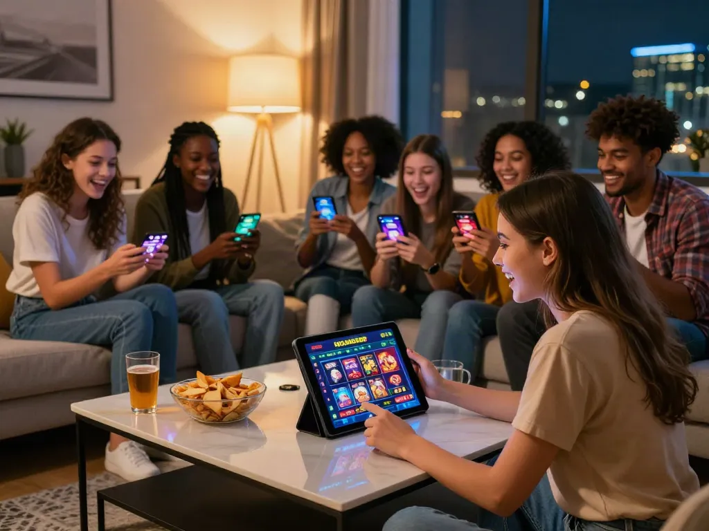 Exciting scene of friends enjoying uk casinos not on gamstop together at home, engaging with tablets and mobile devices.