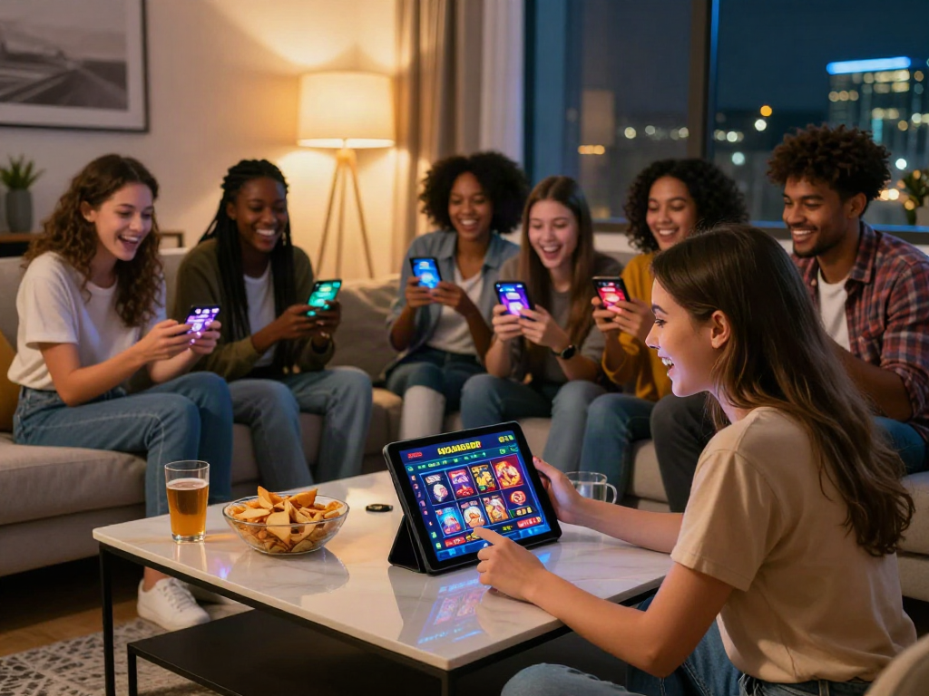 Exciting scene of friends enjoying uk casinos not on gamstop together at home, engaging with tablets and mobile devices.