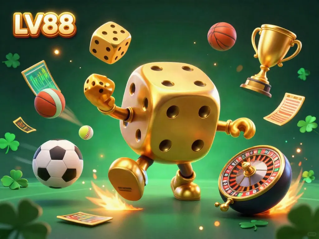 Experience the excitement of LV88 with a dazzling 3D illustration featuring a golden dice golem and dynamic sports elements.