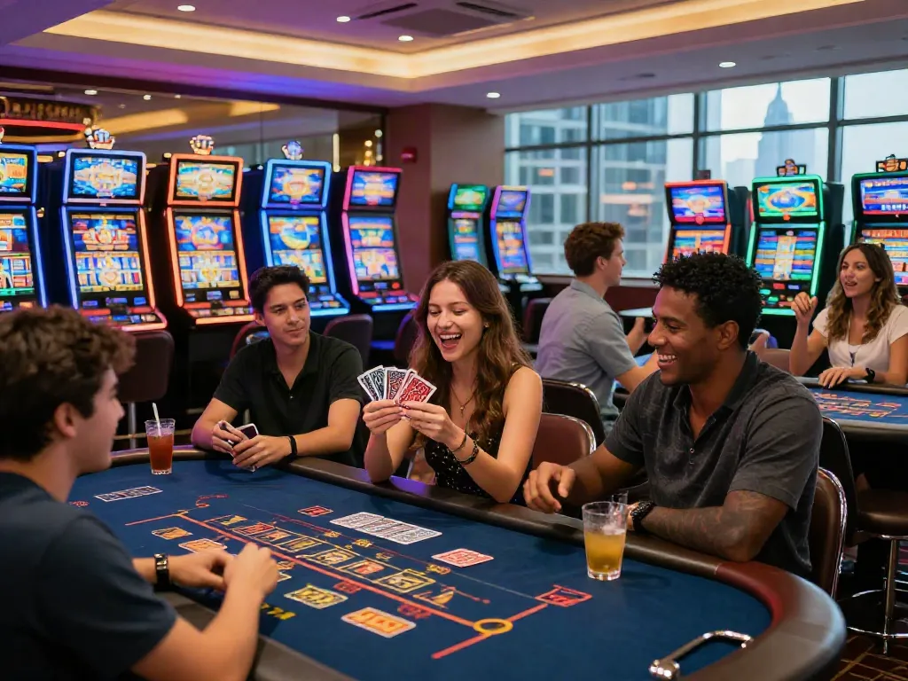 Experience lively gaming atmosphere at UK casinos not on GamStop with friends celebrating their wins.