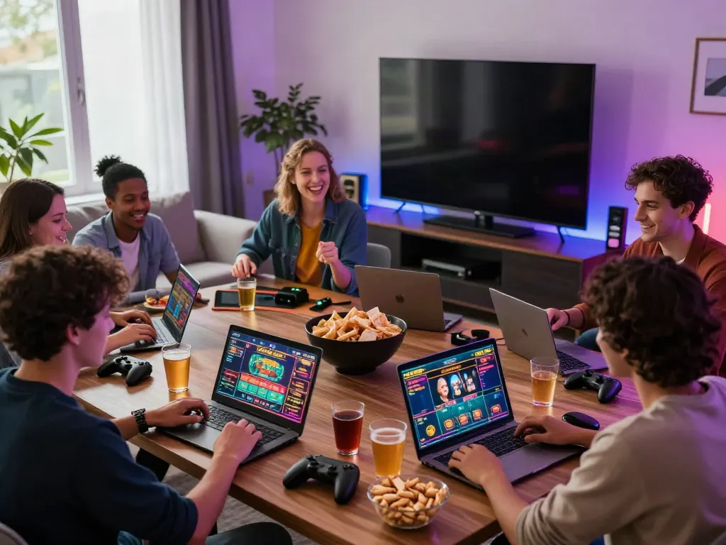Friends enjoying uk casinos not on gamstop at home with games and snacks.