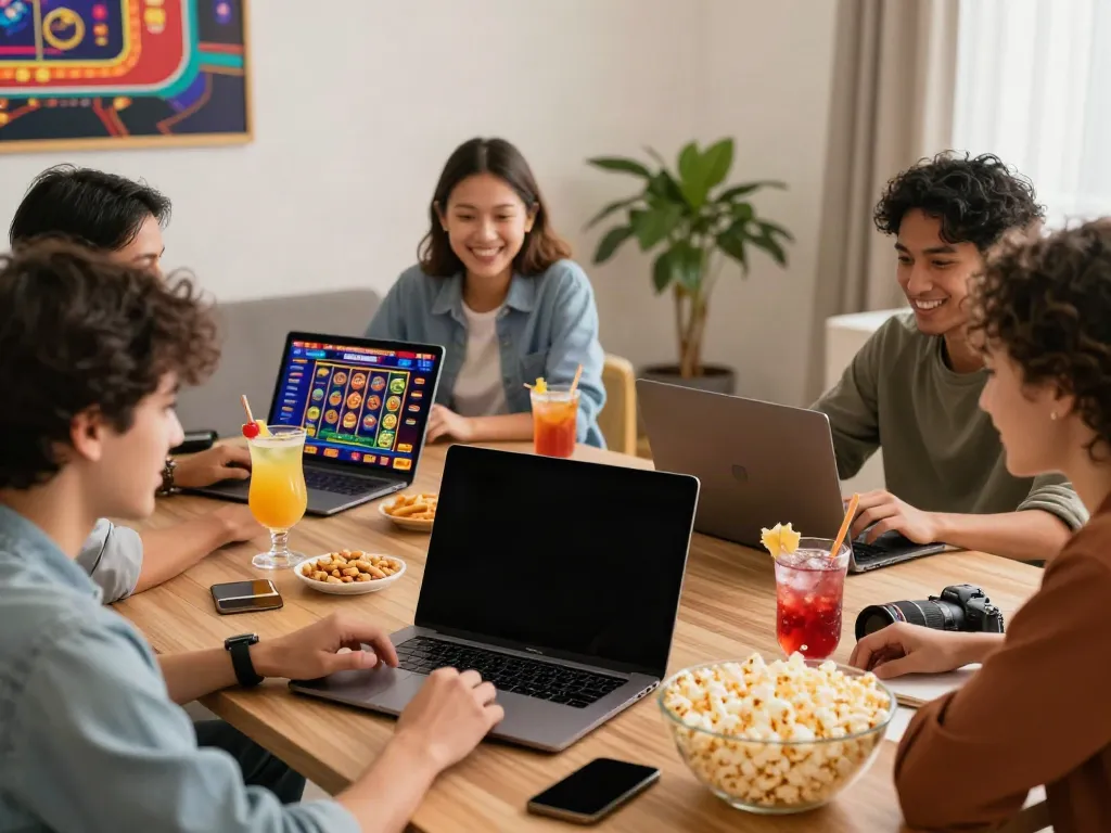 Excited friends exploring online games at UK casinos not on GamStop in a cozy room