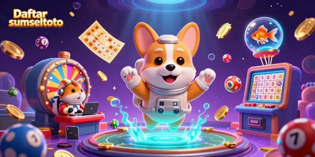 Experience Daftar sumseltoto with a playful corgi astronaut in a vibrant casino scene full of excitement.
