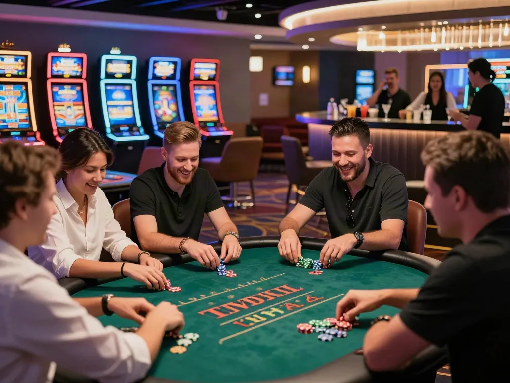 Players enjoying gaming at UK casinos not on GamStop, vibrant lounge atmosphere.