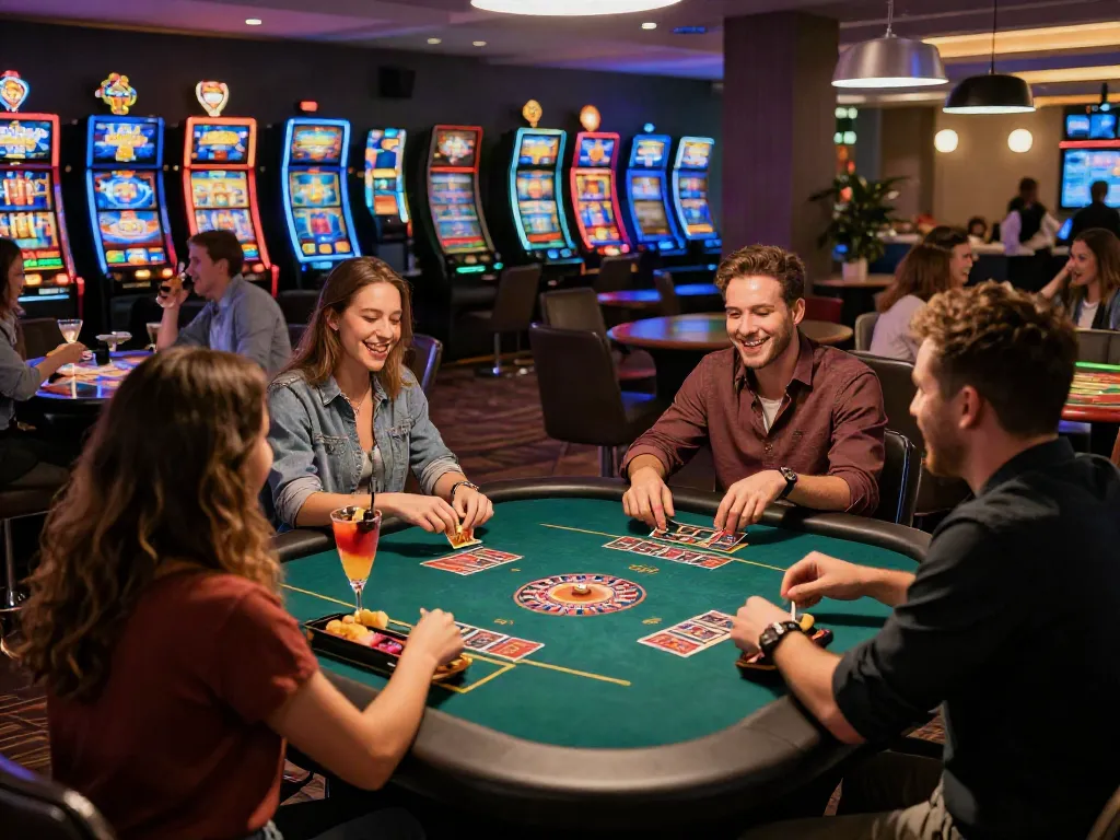 Friends enjoying a lively game night at uk casinos not on gamstop, with vibrant decor and festive atmosphere