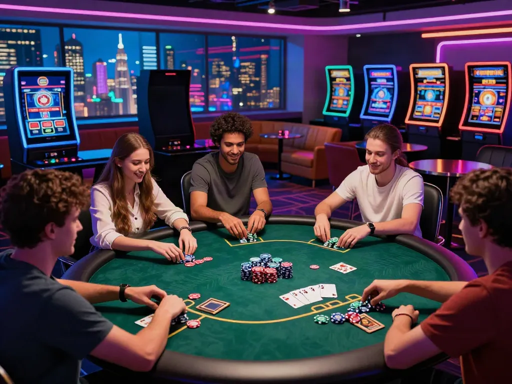 Exciting gaming experience at UK casinos not on GamStop, friends enjoying poker.