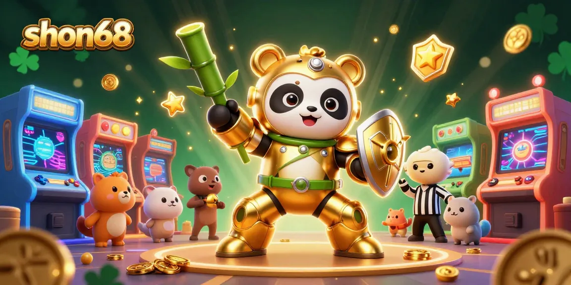 Experience thrilling gameplay with shon68, featuring a golden panda mech in a vibrant casino arena.