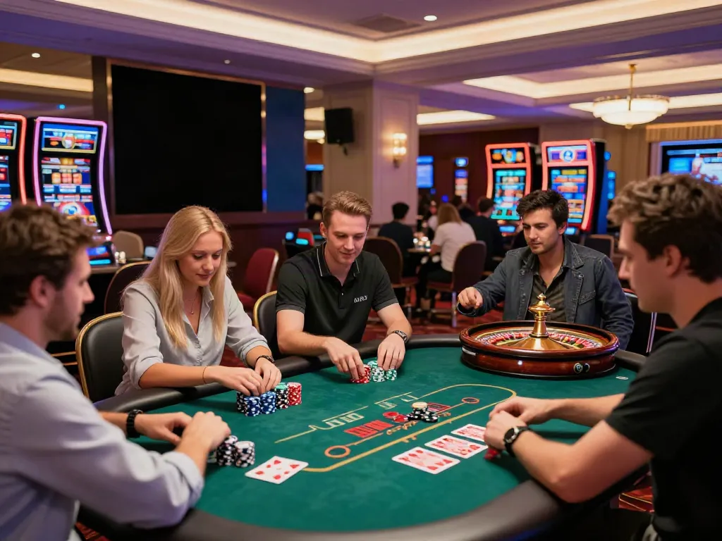 Players enjoying a lively moment at a UK casino not on GamStop, with poker and roulette games in action.