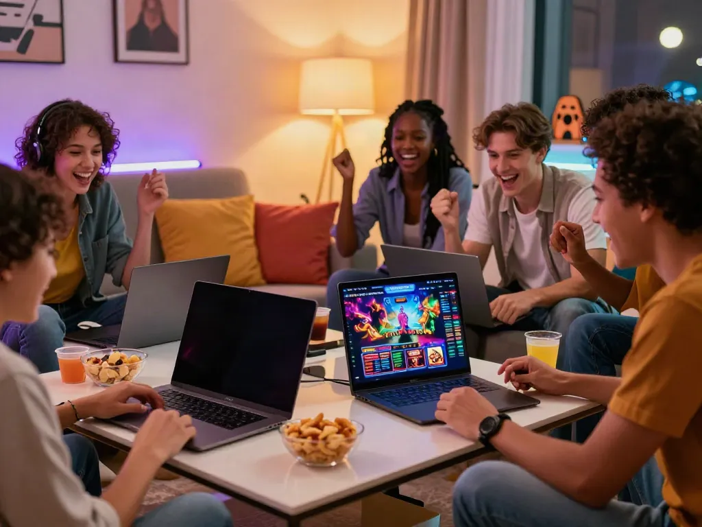 Friends celebrating at home with uk casinos not on gamstop website open on laptop
