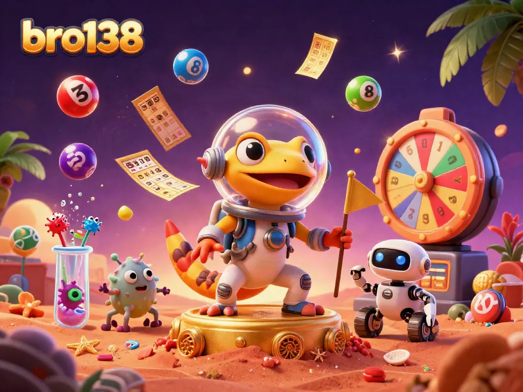 Engage with bro138's thrilling gaming experiences amid vibrant lottery elements in a rich 3D scene.