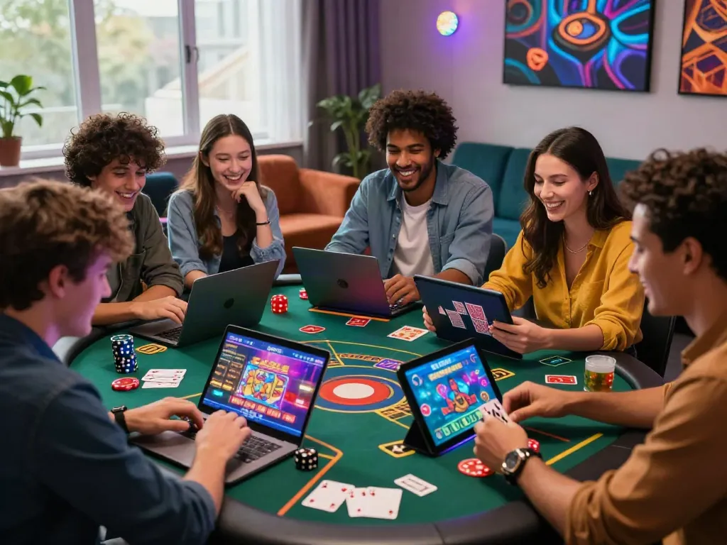 Friends enjoying games at a lively casino, exploring uk casinos not on gamstop.