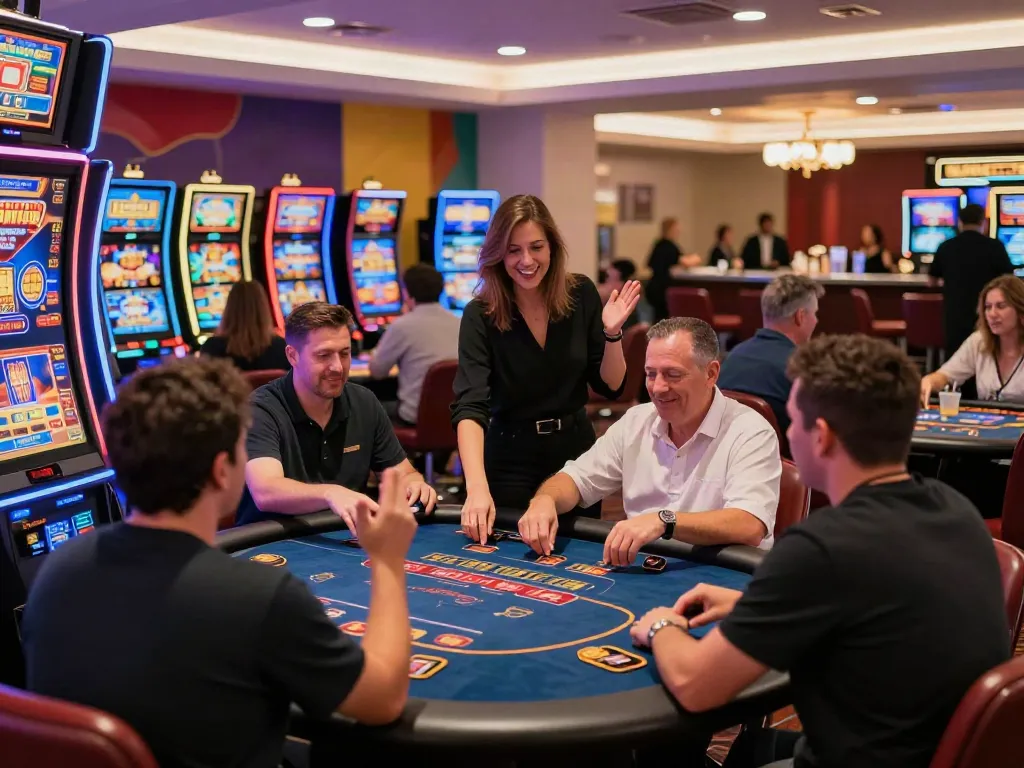 Engaging scene of players at vibrant UK casinos not on GamStop enjoying games and socialization.
