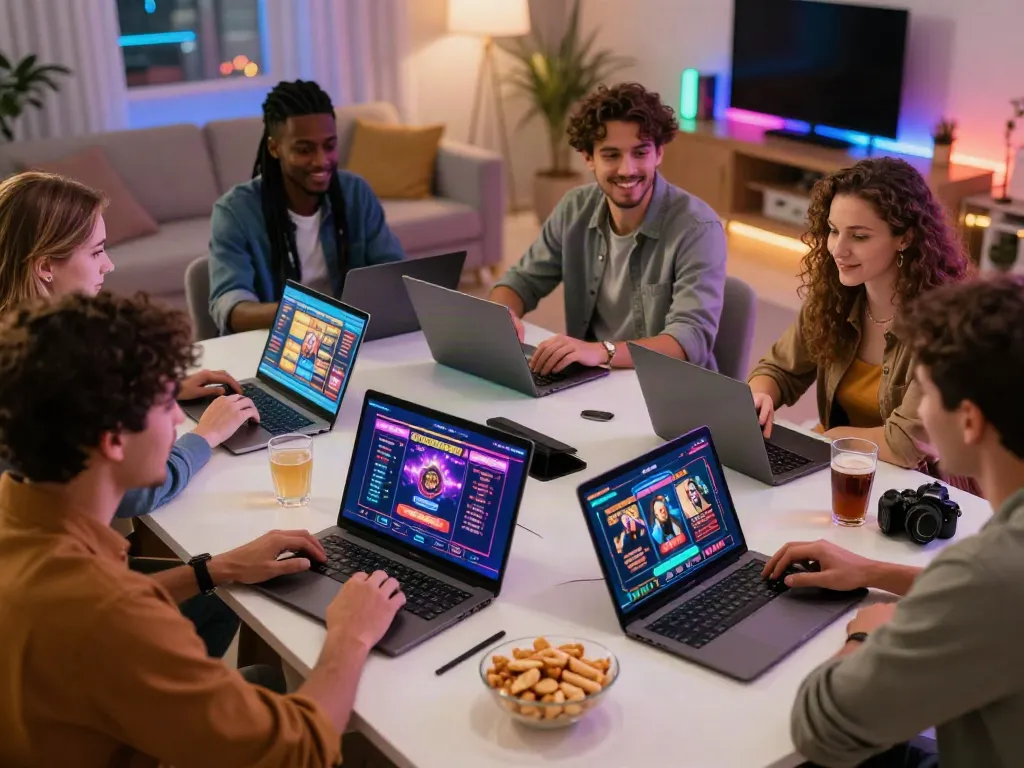 Group of friends enjoying games from uk casinos not on gamstop in a cozy living room