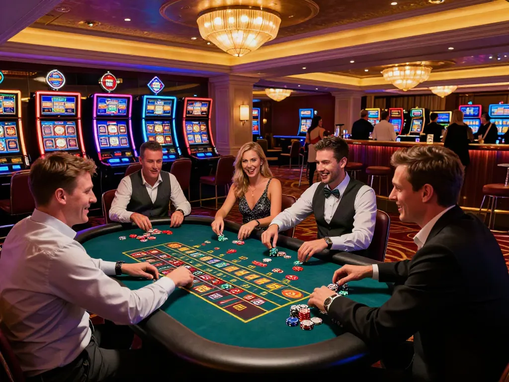 Players enjoying their night at UK casinos not on GamStop, vibrant and exciting gaming atmosphere.