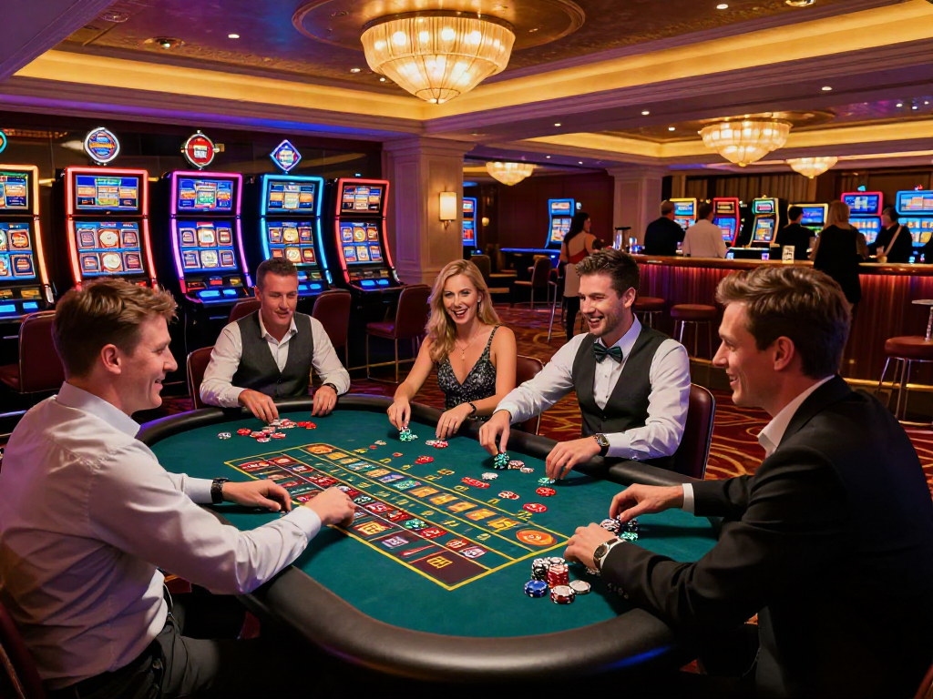 Players enjoying their night at UK casinos not on GamStop, vibrant and exciting gaming atmosphere.