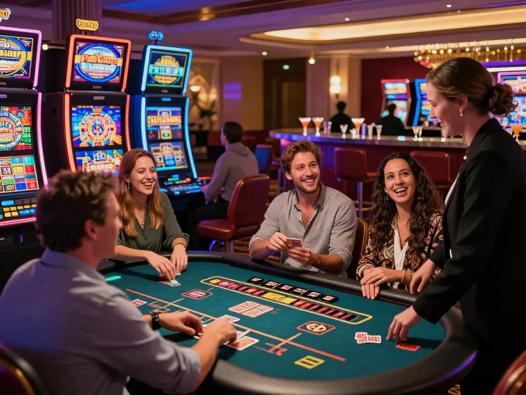 Exciting atmosphere at UK casinos not on GamStop with players enjoying games and cocktails.