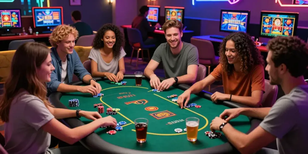 Exciting scene with friends playing at online uk casinos not on gamstop, enjoying vibrant games and a lively atmosphere.