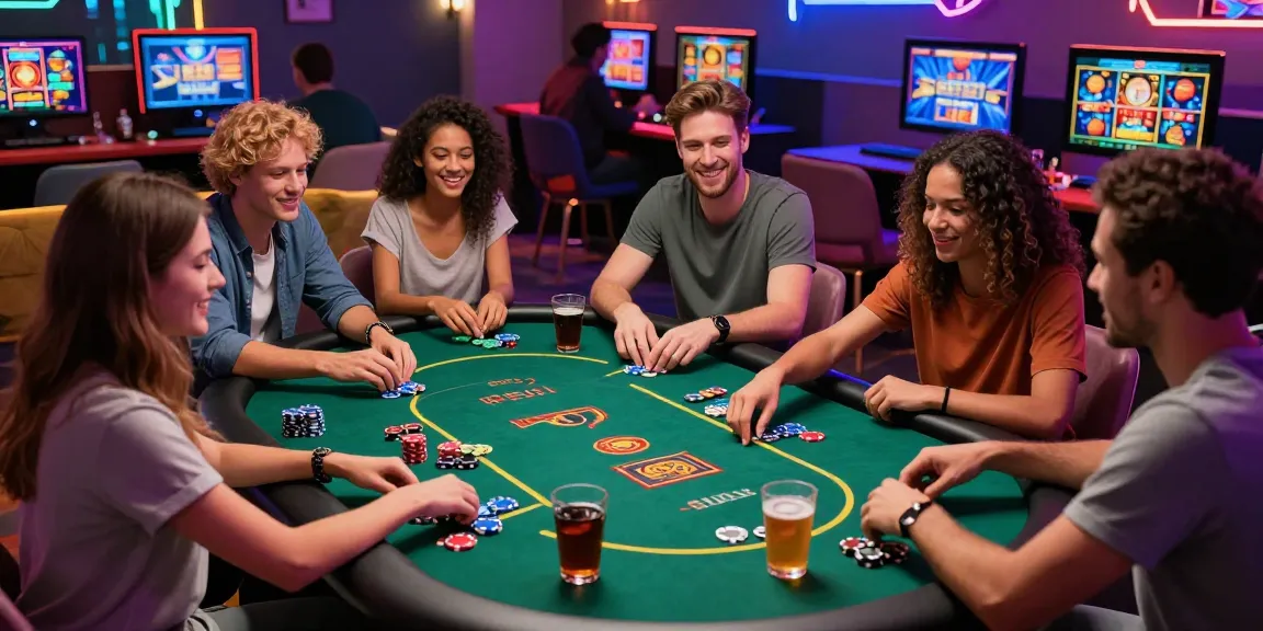 Exciting scene with friends playing at online uk casinos not on gamstop, enjoying vibrant games and a lively atmosphere.