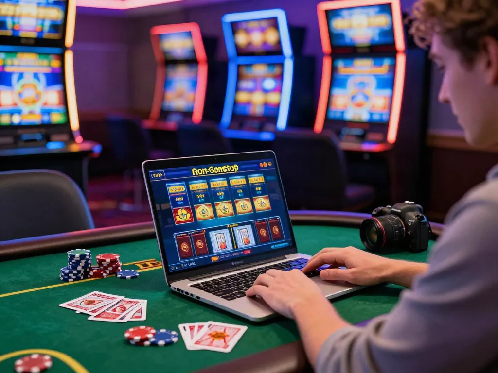 A joyful player engaging in UK casinos not on GamStop with vibrant slot machines and gaming chips.
