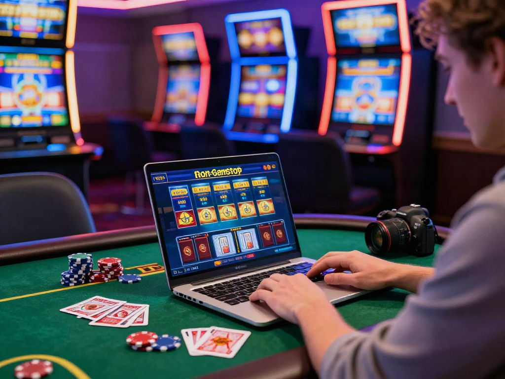 A joyful player engaging in UK casinos not on GamStop with vibrant slot machines and gaming chips.