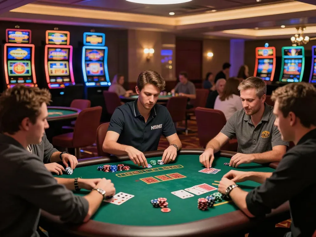 Engaged players at UK casinos not on gamstop enjoying poker and slot machines in a vibrant lounge.