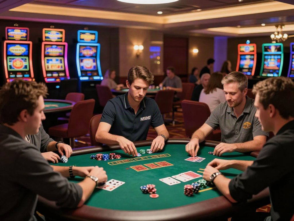 Engaged players at UK casinos not on gamstop enjoying poker and slot machines in a vibrant lounge.