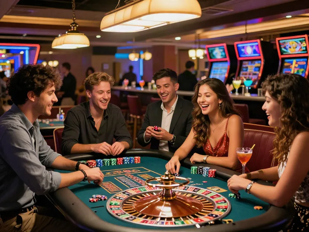 Friends enjoying a game at uk casinos not on gamstop, surrounded by vibrant decorations and engaging atmosphere.