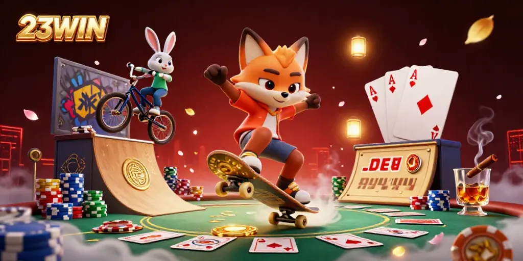 Experience the thrill of 23WIN gaming with a colorful, dynamic scene of cartoon characters and vibrant casino elements.