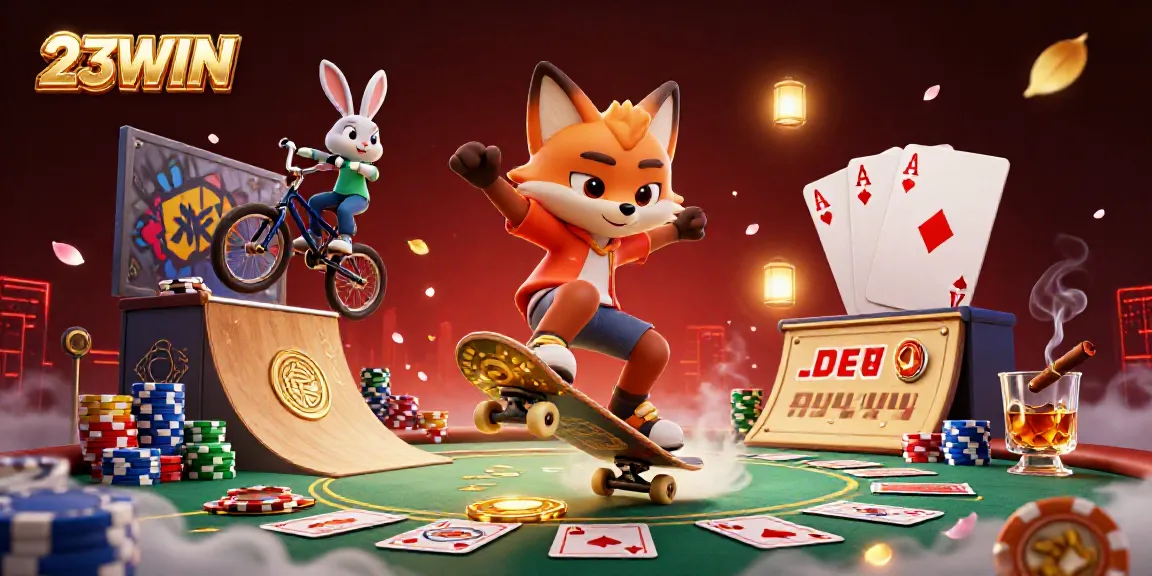 Experience the thrill of 23WIN gaming with a colorful, dynamic scene of cartoon characters and vibrant casino elements.
