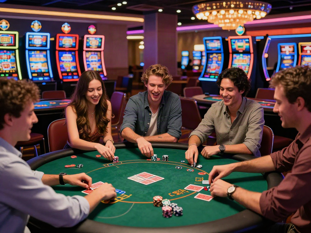 Exciting atmosphere at UK casinos not on GamStop with friends playing table games.