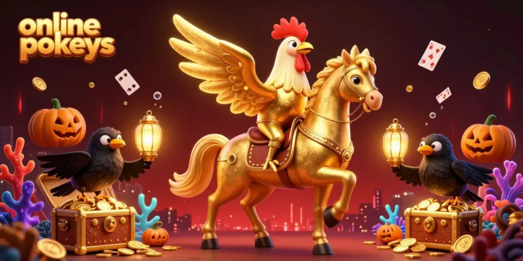 Experience the thrill of online pokies with a golden rooster in a vibrant midnight casino.