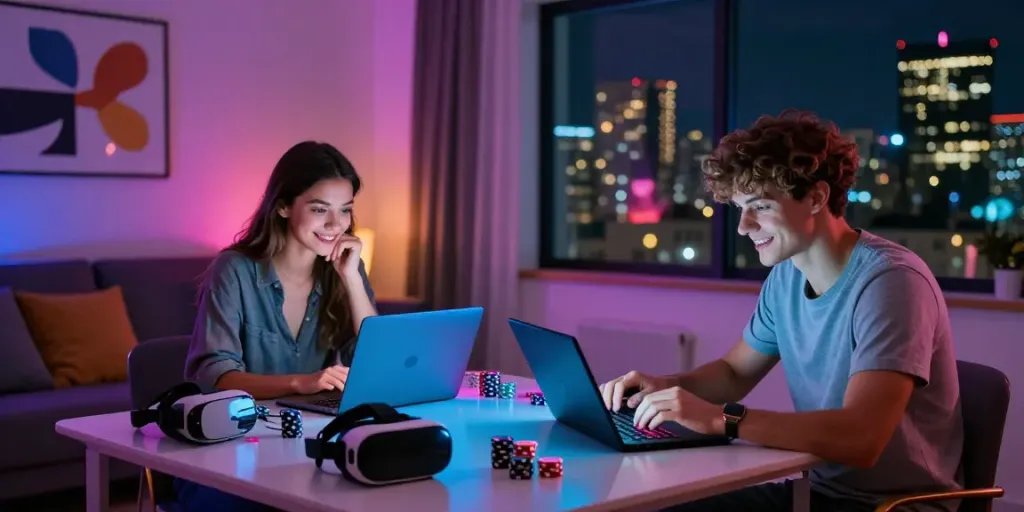 Engaging scene of friends enjoying games at uk casinos not on gamstop in a stylish room