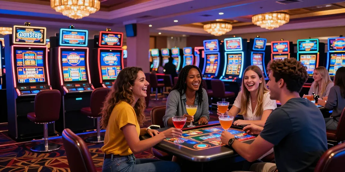 Friends enjoying time at UK casinos not on GamStop with vibrant atmosphere and gaming tables.
