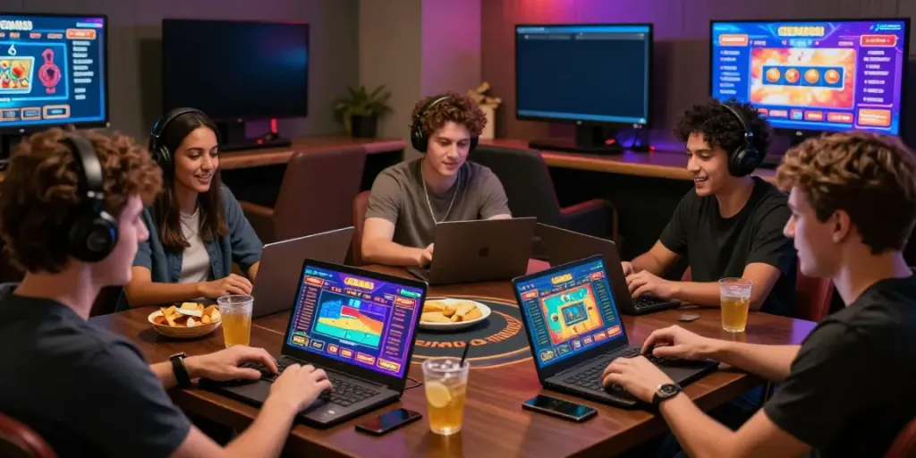 Engaged players enjoying diverse games at nhà cái gem88 in a cozy lounge setting.