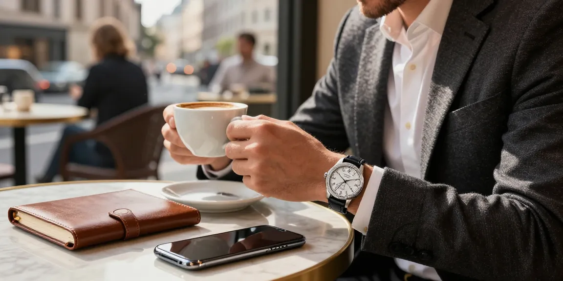 Stylish man with a clone watch at a café enjoying luxury timepieces.