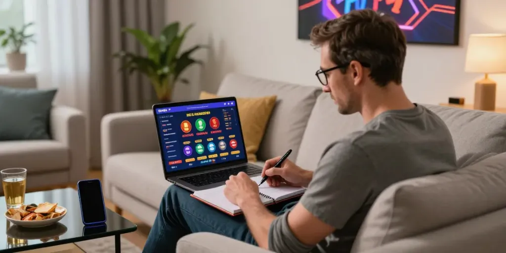 Player exploring uk casinos not on gamstop with laptop and snacks in a cozy home setting