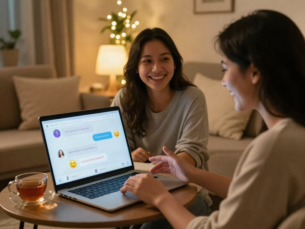 Couple enjoying AI sex chat experience in a cozy, intimate setting, warm lighting enhancing connection.
