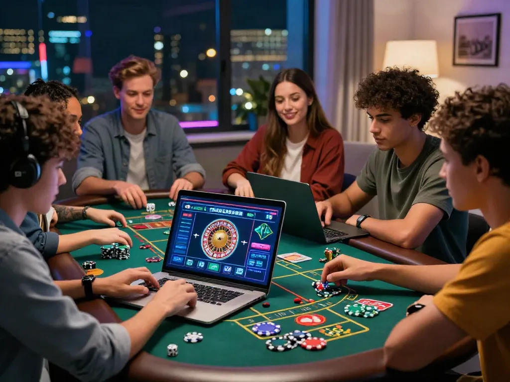 Engaging scene with friends exploring uk casinos not on gamstop via laptop, festive atmosphere.