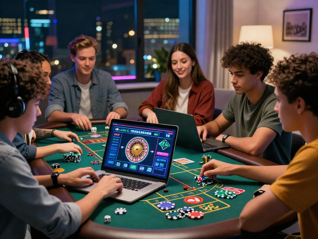 Engaging scene with friends exploring uk casinos not on gamstop via laptop, festive atmosphere.