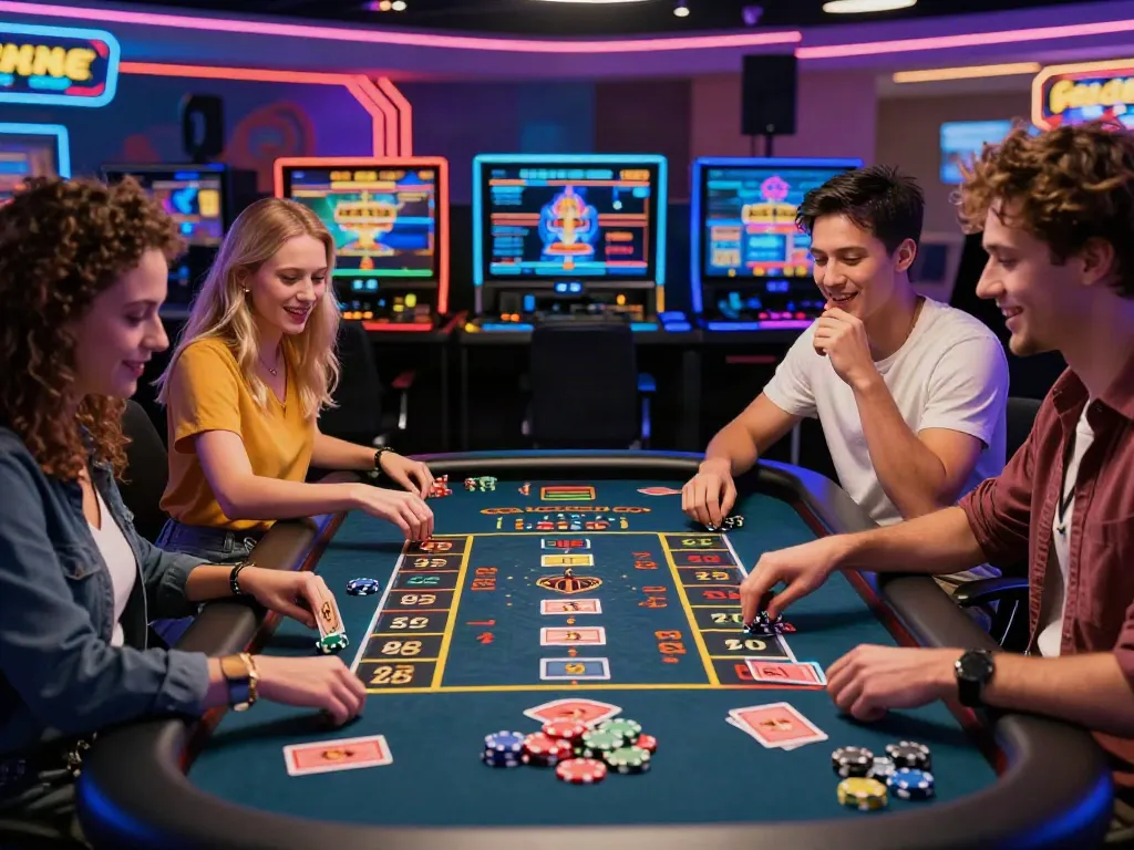 Exciting online gaming scene showcasing uk casinos not on gamstop with friends playing roulette.