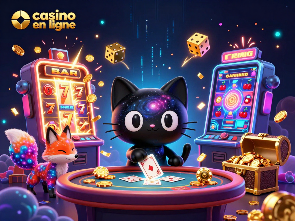 Illustration dynamique d'un casino en ligne, mettant en avant un chat noir trou noir et un renard nébuleux, entourés de machines à sous et d'éléments de jeu
