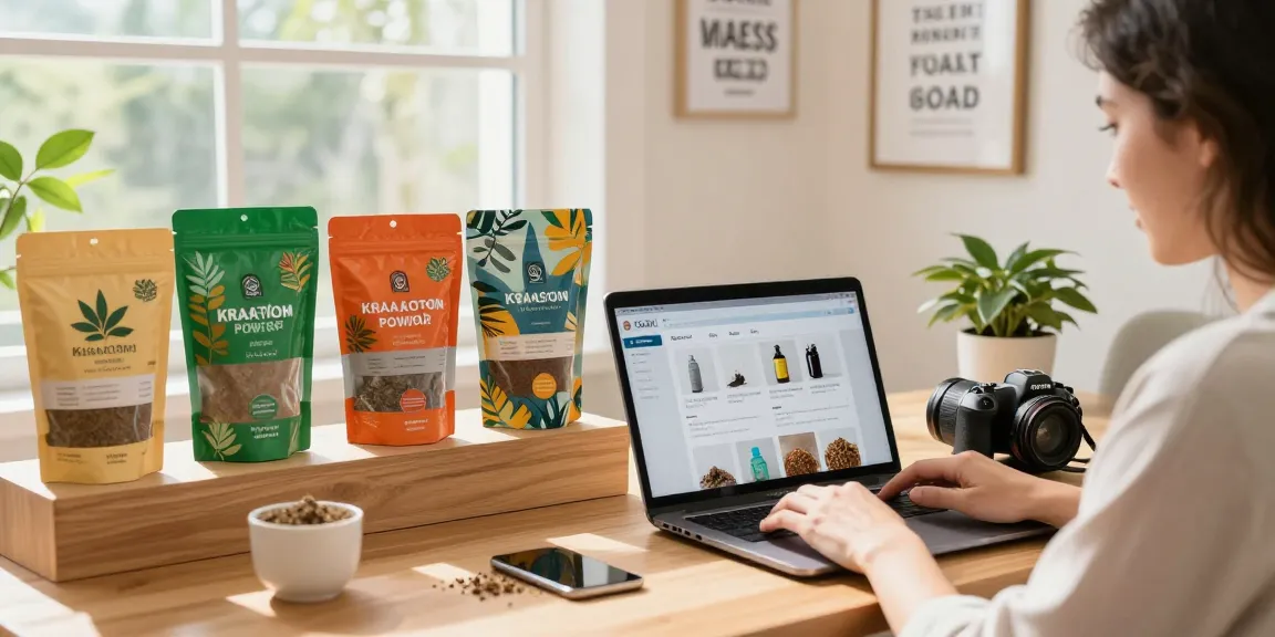 Shop kratom powder at Happy Go Leafy with vibrant packaging and an inviting home office atmosphere.