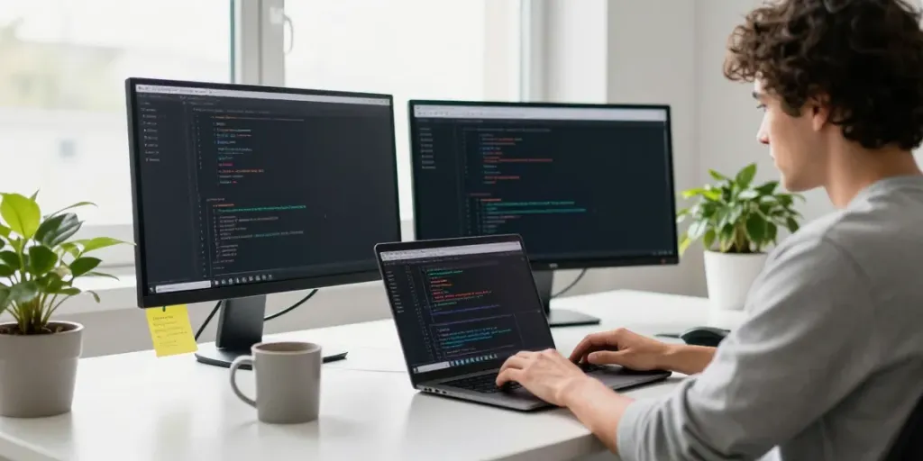 Developer optimizing website instant indexing in a modern tech workspace