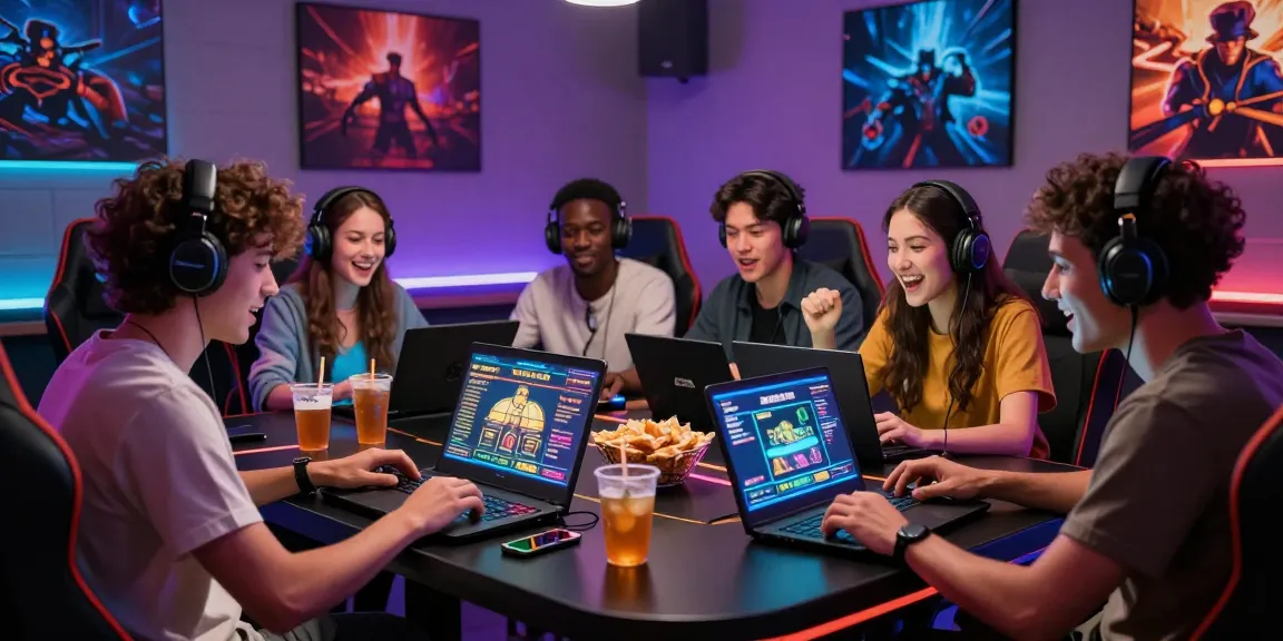 Friends enjoying digital casino games at home, exploring uk casinos not on gamstop in a vibrant setting.