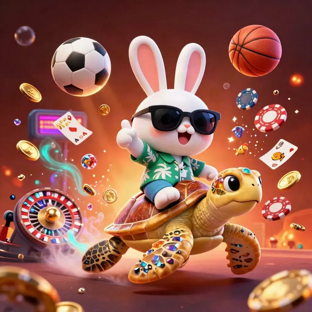 Rabbit rides a gem-turtle amid coins, cards, chips, roulette wheel, soccer ball and basketball.