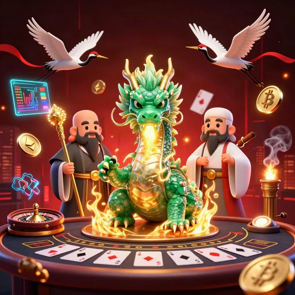 Emerald dragon, turtle sage, and cranes amid casino lights, coins, smoke, and neon tech effects.